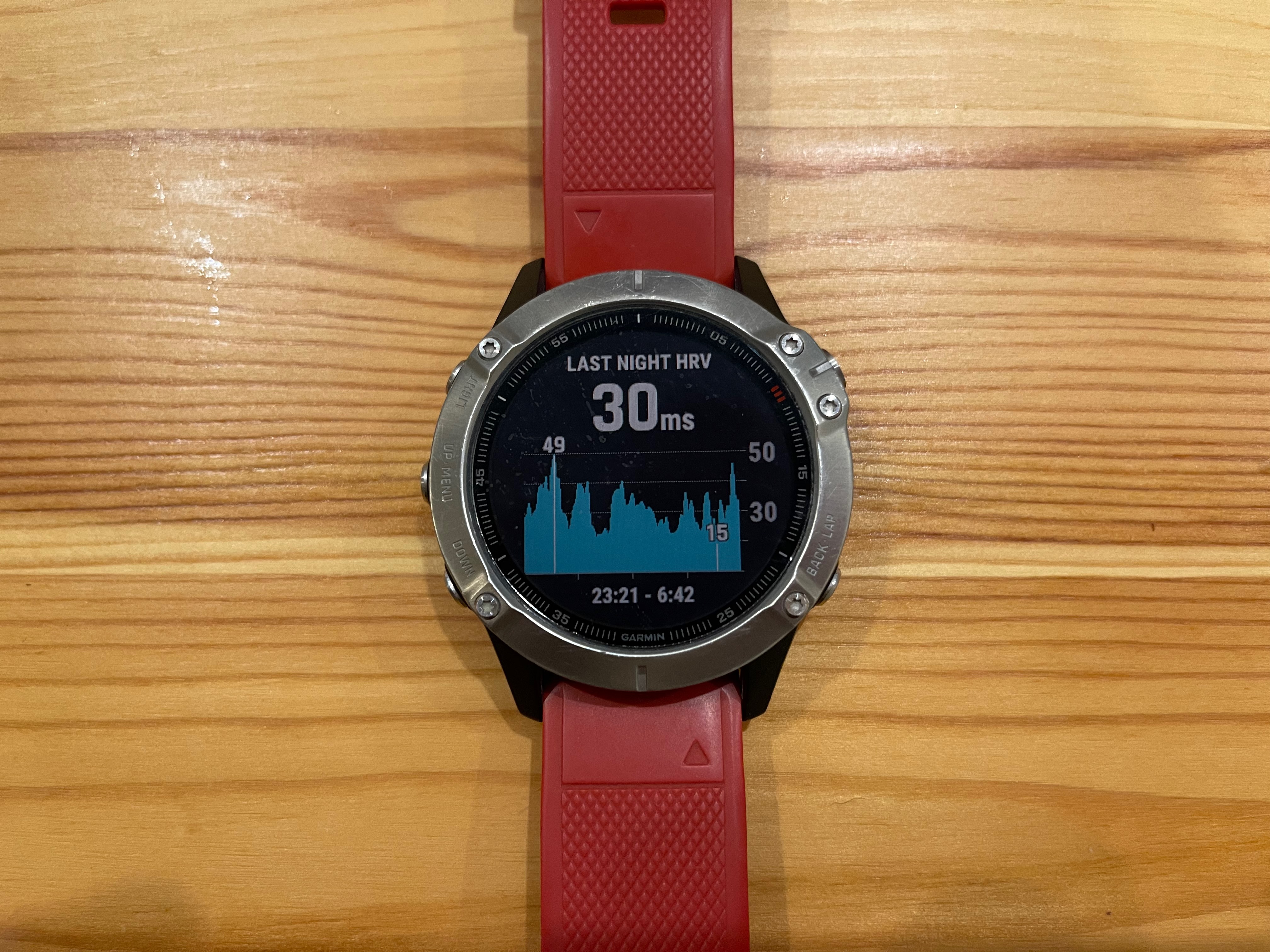 Picture of Garmin heart rate variability shown on the Fenix 6 watch